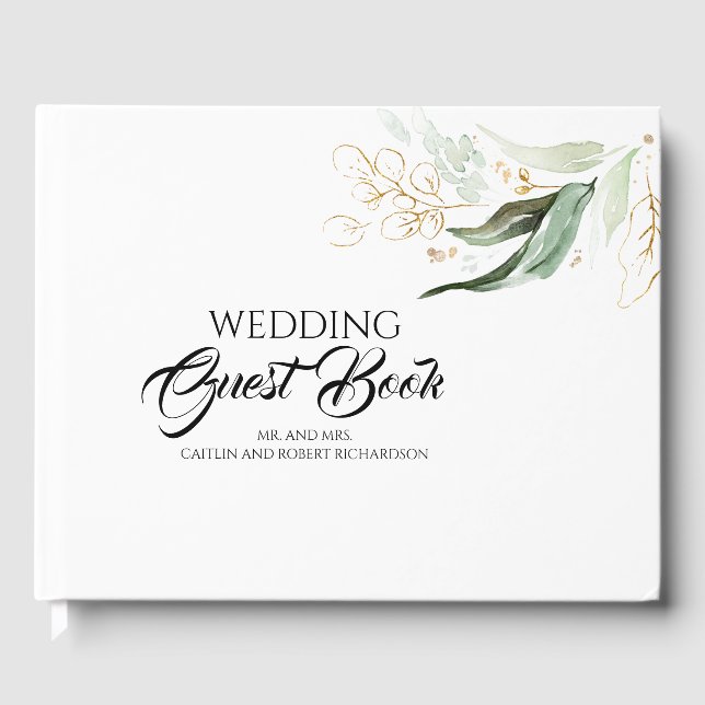 Eucalyptus Greenery Gold Leaves Wedding Guest Book (Front)
