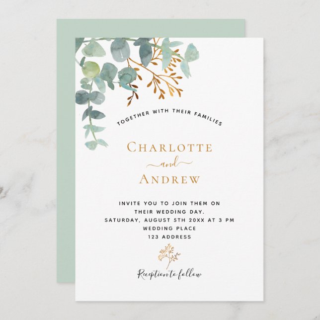 Eucalyptus greenery gold modern elegant wedding invitation (Front/Back)