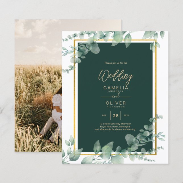 Eucalyptus Greenery Gold PHOTO WEDDING INVITE (Front/Back)