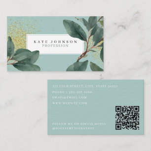 Eucalyptus Greenery & Gold QR Code Business Card