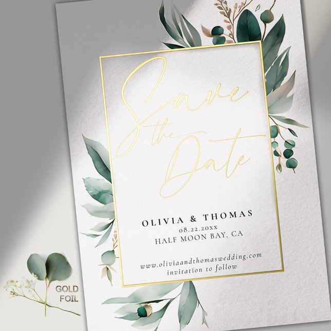 Eucalyptus Greenery Gold Romance Wedding Save Date (modern simple wedding save the date typography calligraphy eucalyptus greenery emerald green gold )