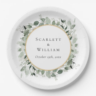 Eucalyptus Greenery Gold Sage Green Wedding Paper Plate