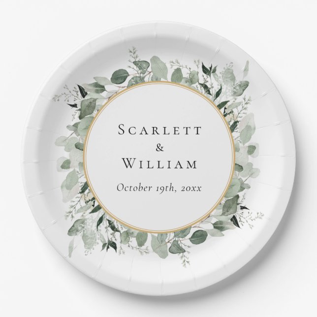 Eucalyptus Greenery Gold Sage Green Wedding Paper Plate (Front)