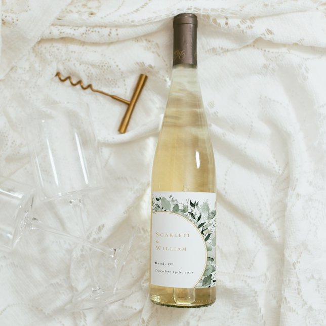 Eucalyptus Greenery Gold Sage Green Wedding Wine Label (Creator Uploaded)