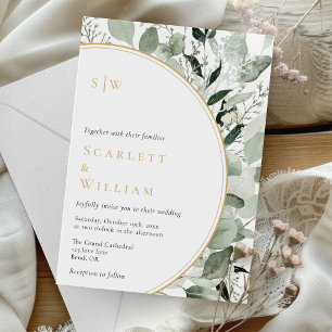 Eucalyptus Greenery Gold Sage Monogram Wedding Invitation