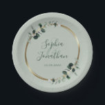 Eucalyptus Greenery Gold Sage Personalised Wedding Paper Plate<br><div class="desc">Eucalyptus Greenery Gold Sage Personalised Wedding Paper Plates... Our botanical wedding paper plates feature the names of the bride and groom and the wedding date inside a gold frame embellished with emerald-hued eucalyptus leaves on a beautiful light sage green background. All text can be easily revised on the personalisation template....</div>