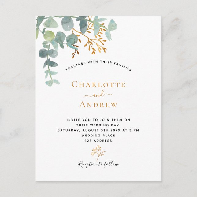 Eucalyptus greenery gold simple elegant wedding postcard (Front)