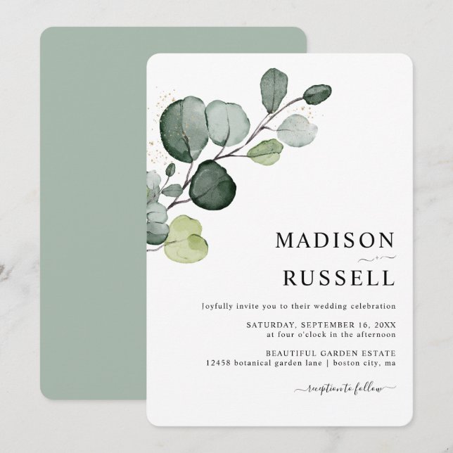 Eucalyptus Greenery Gold Splatter Wedding Invitation (Front/Back)