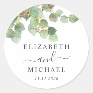 Eucalyptus Greenery Gold Watercolor Wedding Classic Round Sticker