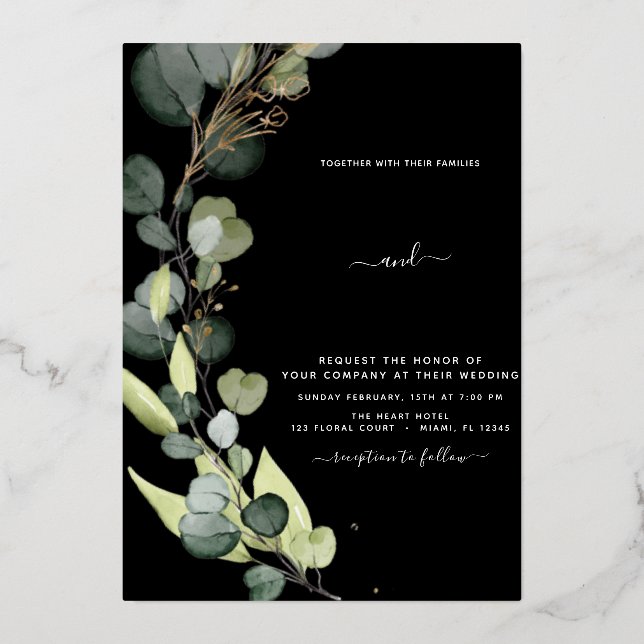 Eucalyptus Greenery Gold Wedding Foil Invitation (Front)