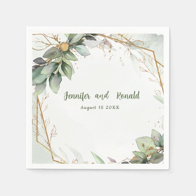 Eucalyptus Greenery Gold  Wedding Personalised  Napkin (Front)