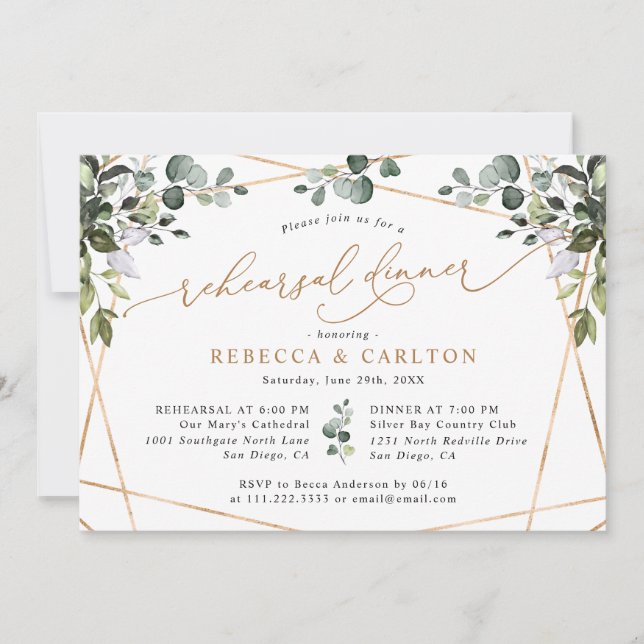 Eucalyptus Greenery Gold Wedding Rehearsal Dinner Invitation (Front)