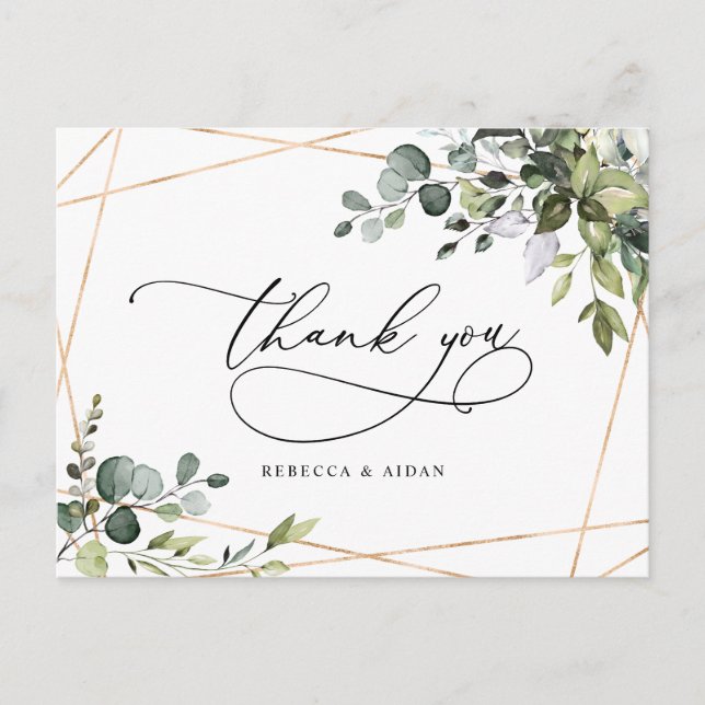 Eucalyptus Greenery Gold Wedding Thank You Postcard (Front)