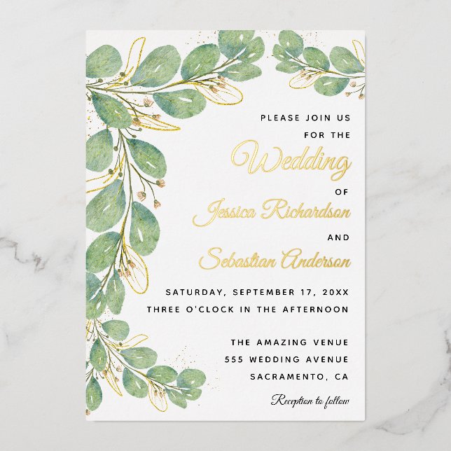 Eucalyptus Greenery Gold White Elegant Wedding (Front)