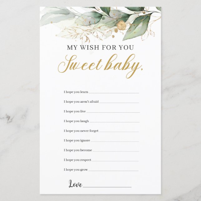 Eucalyptus greenery gold wishes for the baby game (Front)