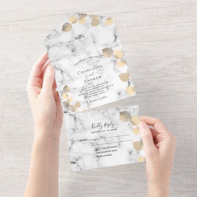 Eucalyptus greenery golden marble wedding all in one invitation (Tearaway)