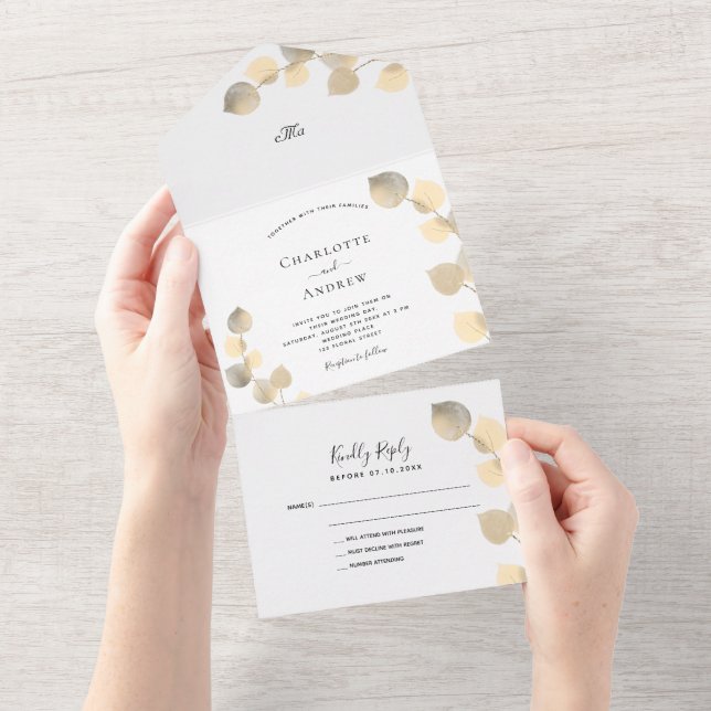Eucalyptus greenery golden wedding all in one invitation (Tearaway)