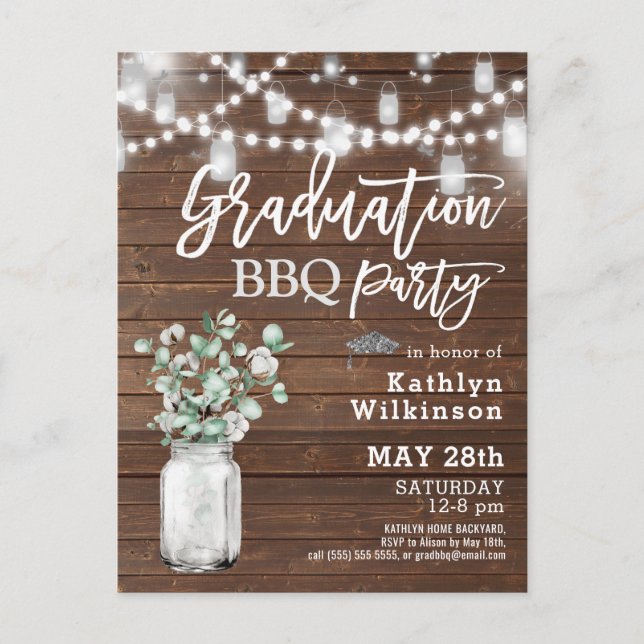 Eucalyptus Greenery GRAD BBQ Party Invitation Postcard (Front)
