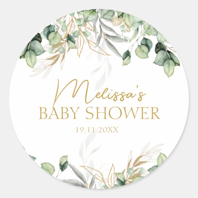 Eucalyptus Greenery Green Leaf & Gold  Baby Shower Classic Round Sticker (Front)
