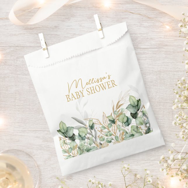 Eucalyptus Greenery Green Leaf & Gold Baby Shower Favour Bags (Clipped)