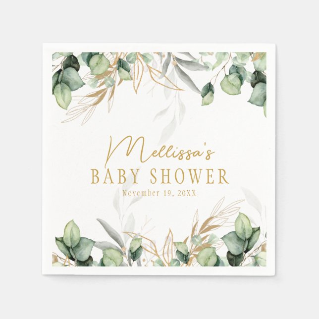 Eucalyptus Greenery Green Leaf & Gold Baby Shower  Napkin (Front)