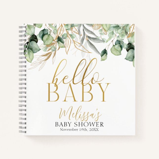 Eucalyptus Greenery Green Leaf & Gold Baby Shower Notebook (Front)
