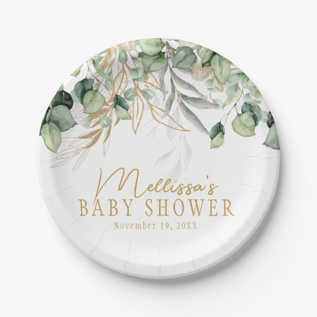Eucalyptus Greenery Green Leaf & Gold Baby Shower  Paper Plate (Front)