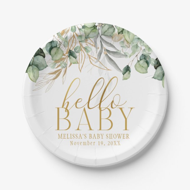 Eucalyptus Greenery Green Leaf & Gold Hello Baby Paper Plate (Front)