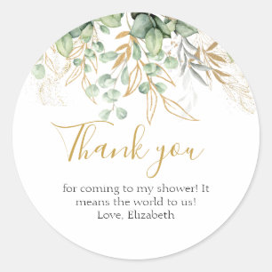 Eucalyptus Greenery Green Leaf & Gold  Thank you Classic Round Sticker