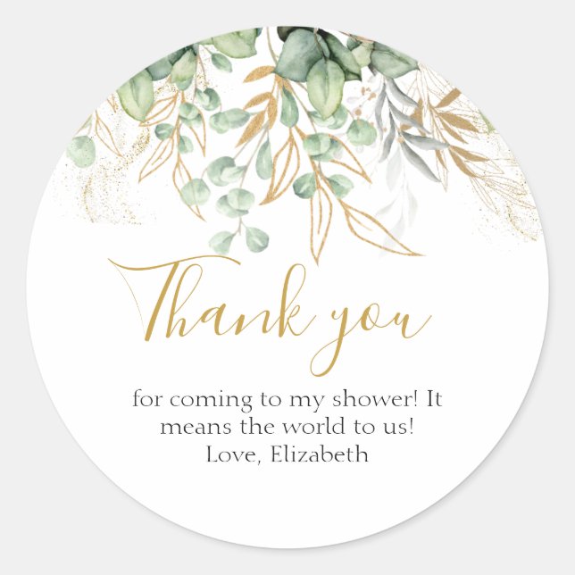 Eucalyptus Greenery Green Leaf & Gold  Thank you Classic Round Sticker (Front)