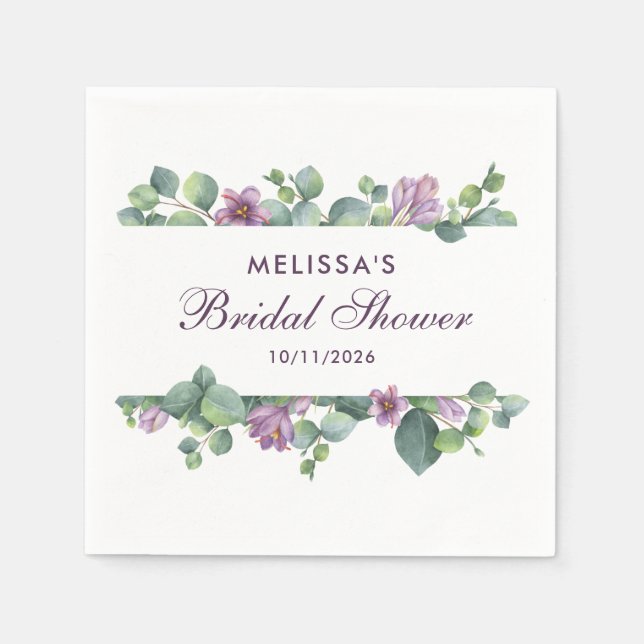 Eucalyptus Greenery Green Purple Bridal Shower  Napkin (Front)