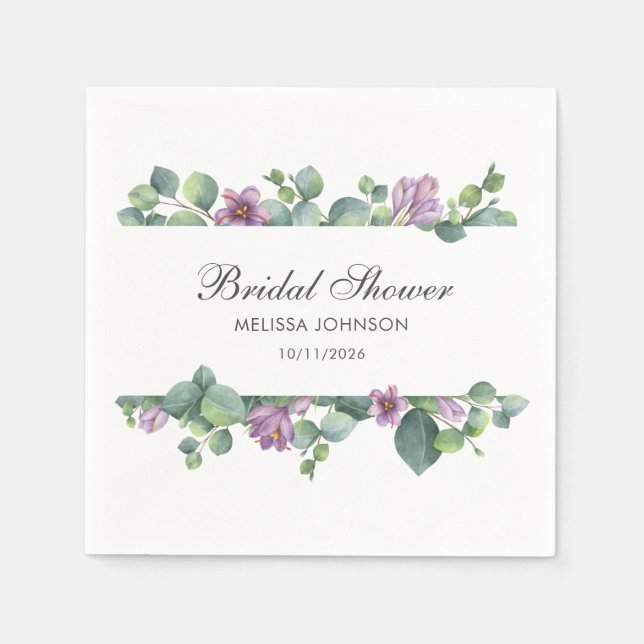 Eucalyptus Greenery Green Purple Bridal Shower Napkin (Front)