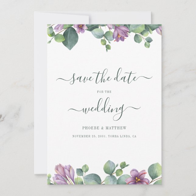 Eucalyptus Greenery Green Purple Green Save The Date (Front)