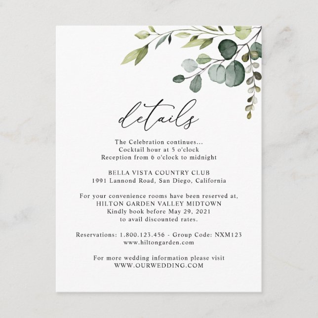Eucalyptus Greenery Guest Information Details Enclosure Card (Front)