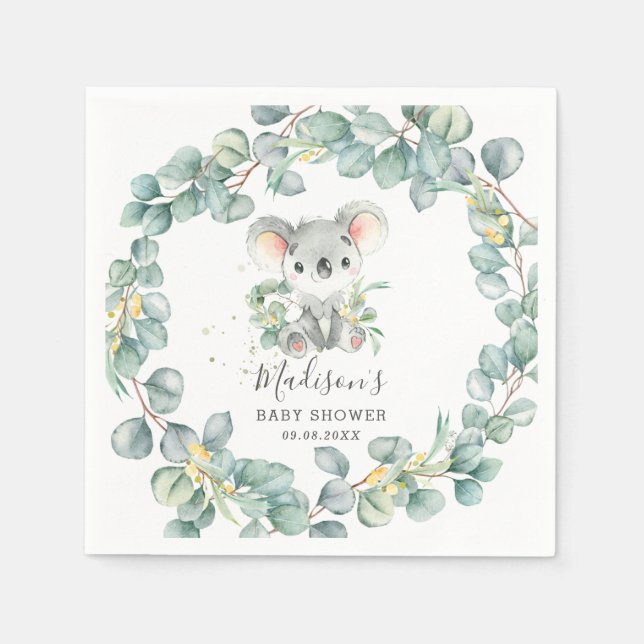 Eucalyptus Greenery Koala Baby Boy Shower Birthday Napkin (Front)