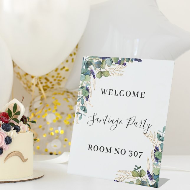 Eucalyptus greenery lavender welcome room number pedestal sign (Creator Uploaded)