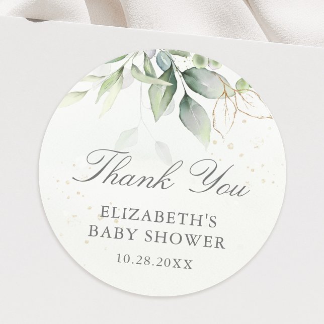 Eucalyptus Greenery Leaves Baby Shower Thank You Classic Round Sticker (This watercolor eucalyptus sticker is a beautiful way to say thank you for your baby shower gifts.)