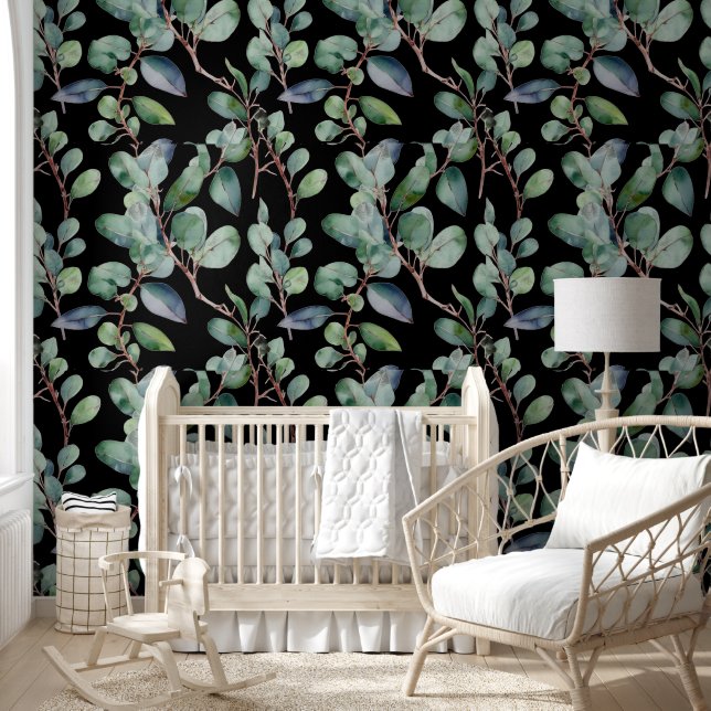 Eucalyptus Greenery Leaves Black Custom Colour Coo Wallpaper (Kids)