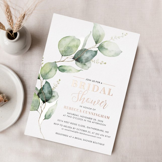 Eucalyptus Greenery  Leaves Bridal Shower Silver (Eucalyptus Greenery Script Rose Gold Bridal Shower Invitation)