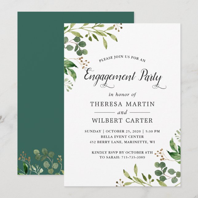Eucalyptus Greenery Leaves Chic Engagement Party Invitation (Front/Back)