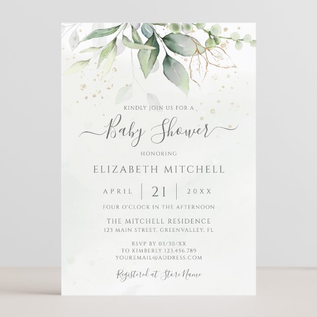 Eucalyptus Greenery Leaves Elegant Baby Shower Invitation (Creator Uploaded)