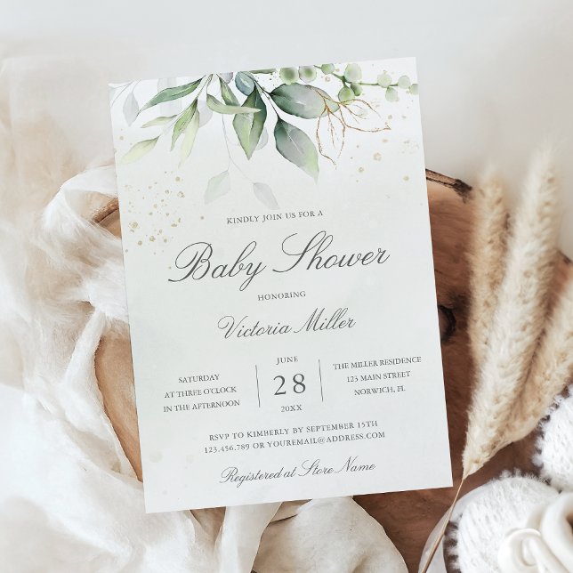 Eucalyptus Greenery Leaves Elegant Baby Shower Invitation (Creator Uploaded)