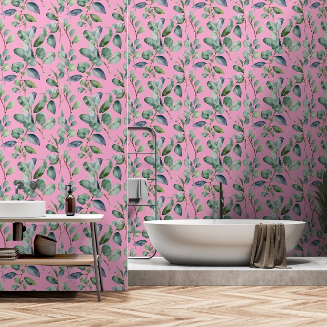 Eucalyptus Greenery Leaves Green Pink Custom Colou Wallpaper (Bathroom)