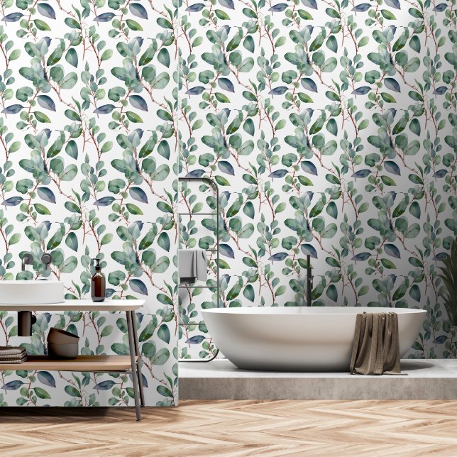 Eucalyptus Greenery Leaves Green White Elegant Wallpaper (Bathroom)
