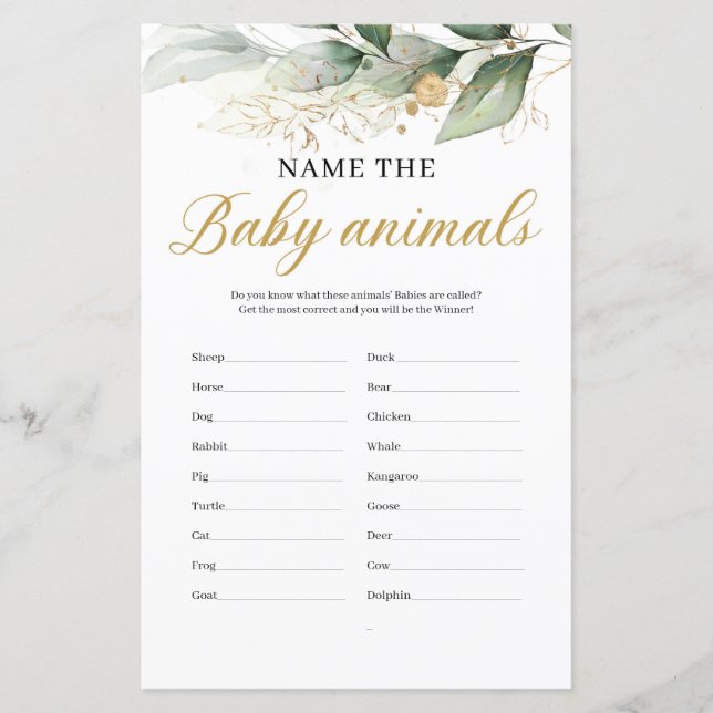 Eucalyptus greenery leaves name the baby animals (Front)