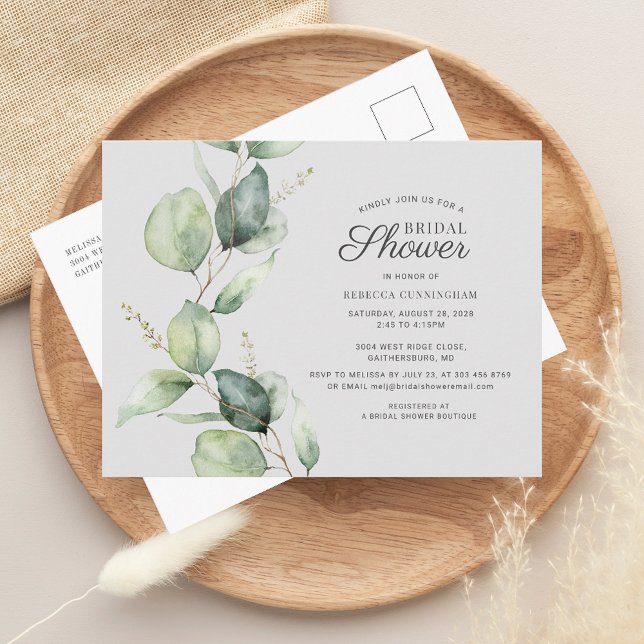 Eucalyptus Greenery Leaves Script Bridal Shower Invitation Postcard (Eucalyptus Watercolor Greenery Bridal Shower Invitation)