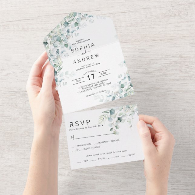 Eucalyptus Greenery Leaves Wedding  All In One Invitation (Tearaway)