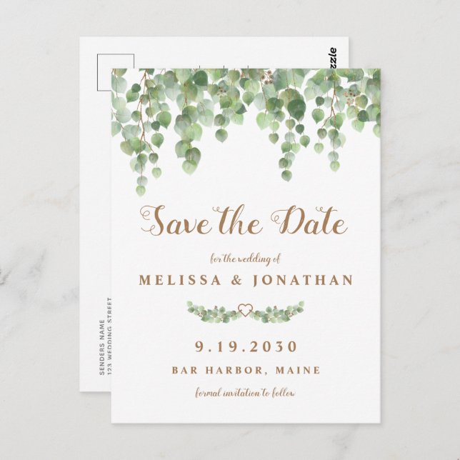 Eucalyptus Greenery Leaves Wedding Save The Date Postcard (Front/Back)