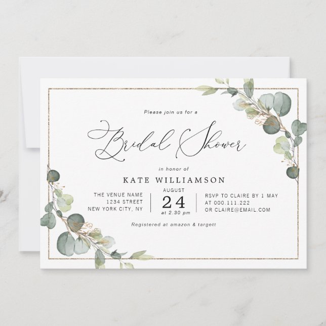 eucalyptus greenery lettering bridal shower invitation (Front)