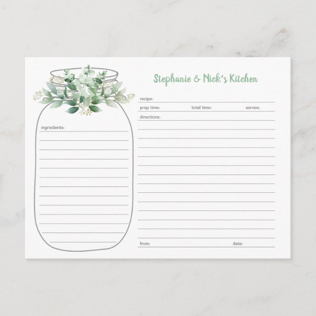 Eucalyptus Greenery Mason Jar Recipe Cards (Front)